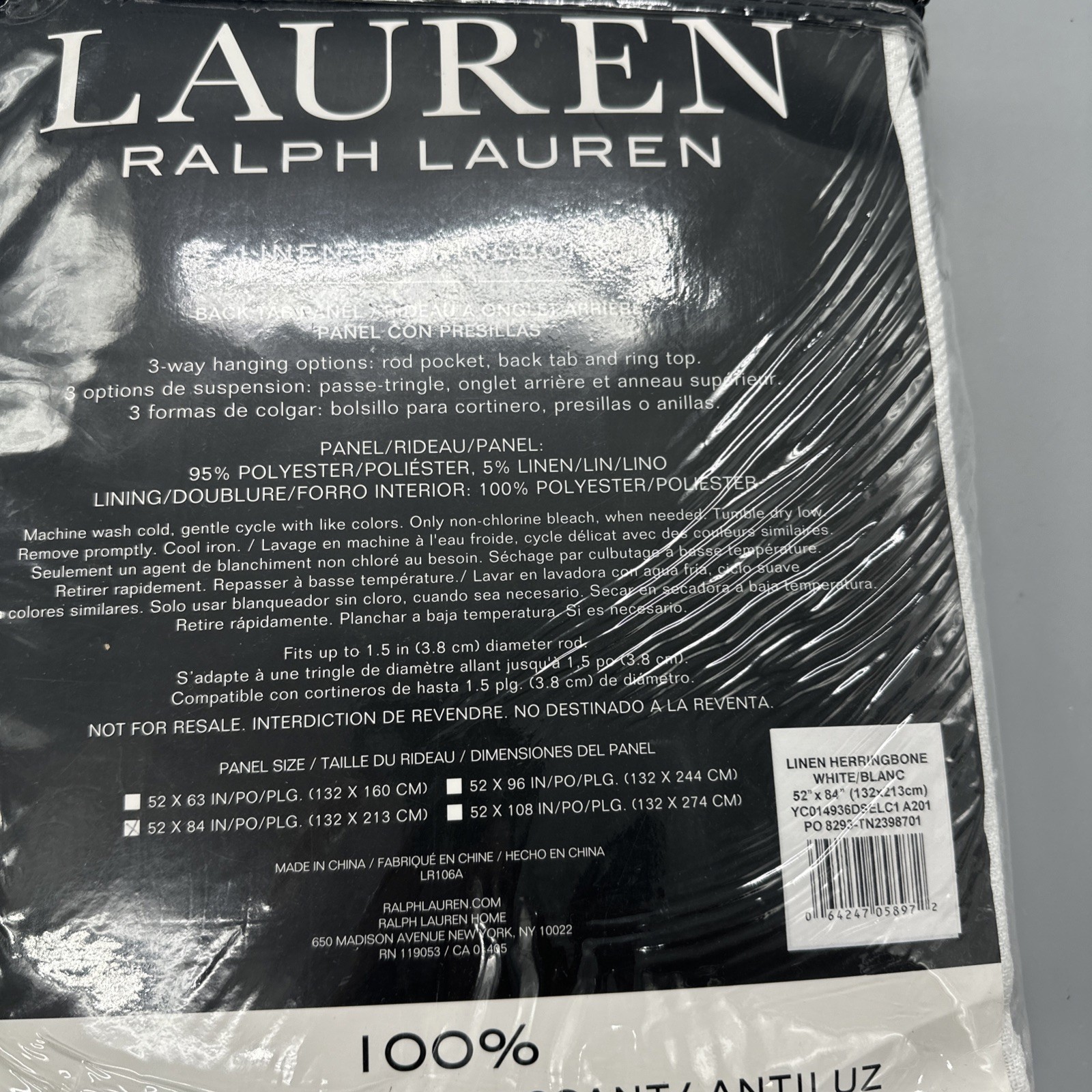 Ralph Lauren Back Tab Panel Curtain Blackout Herringbone- WHITE 52x 84” – New