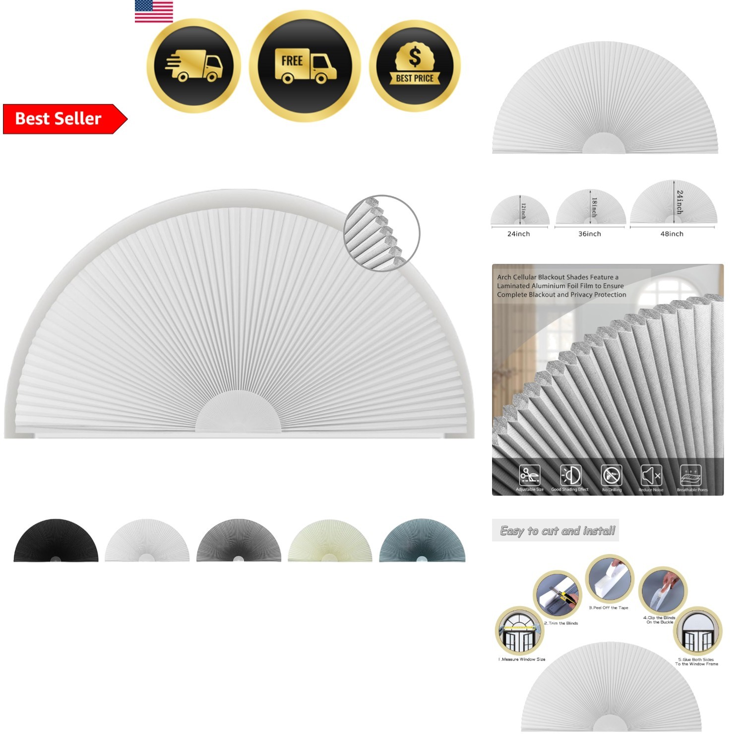 Blackout Cellular Window Shades Arch Shade No Drill Cordless Honeycomb Blinds