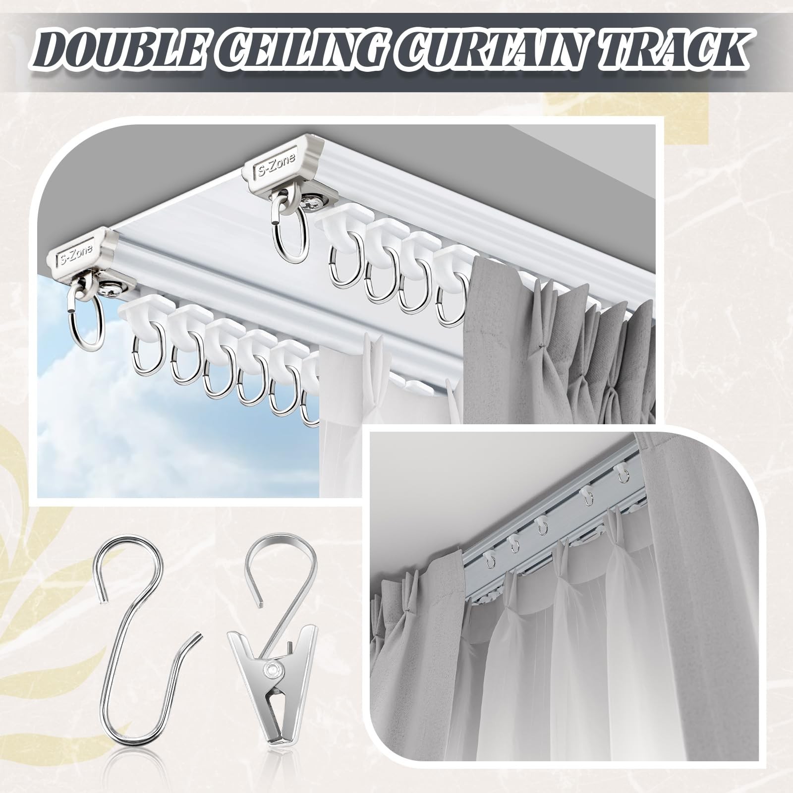 Juexica 2 Set Ceiling Curtain Double Track Set 3Ft-6.5Ft/2 Meter White Double