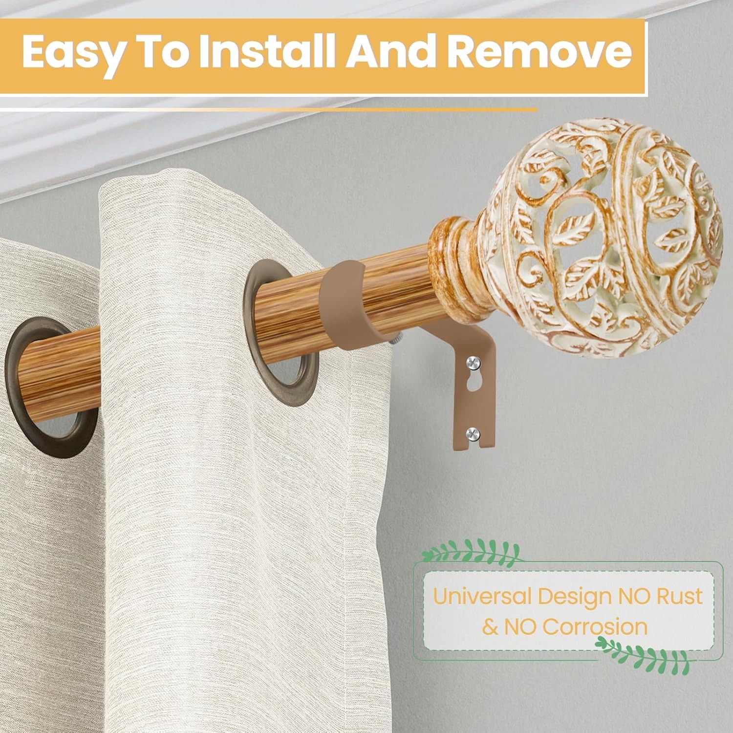 BOHO WOOD DECORATIVE WINDOW CURTAIN RODS Heavy Duty Adjustable 28-48 Inches