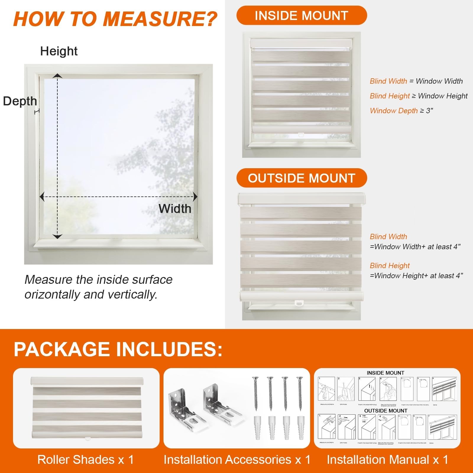 Bricurtex Zebra Roller Blinds 35×72 Beige Cordless Layered Privacy Window Shade