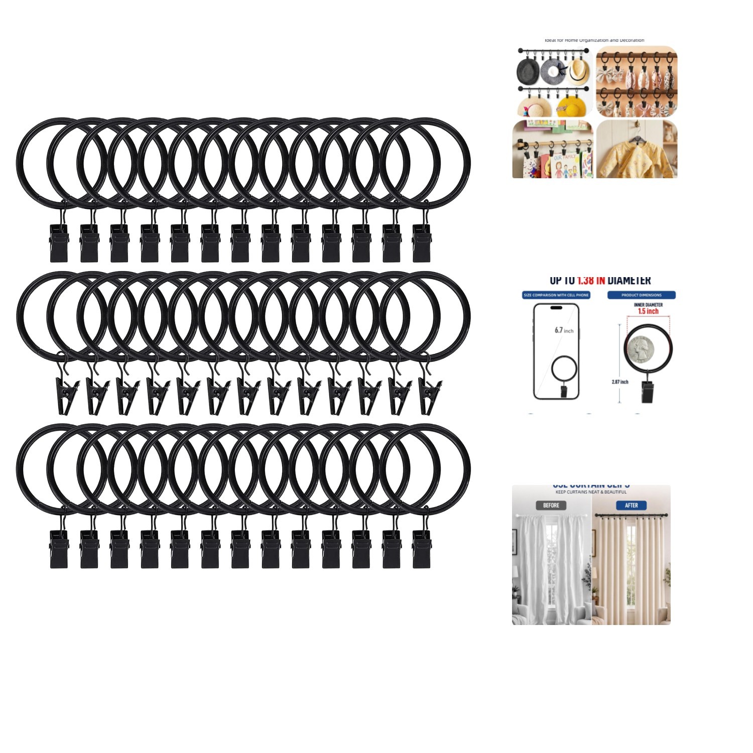 Heavy-Duty 1.5″ Stainless Steel Curtain Rings with Clips – 44pcs in Matte Black