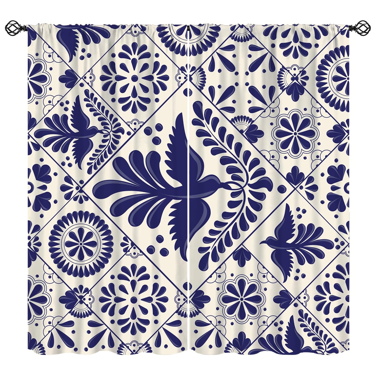Mexico Curtains, Mexican Traditional Talavera Style Tiles Floral Birds Window…