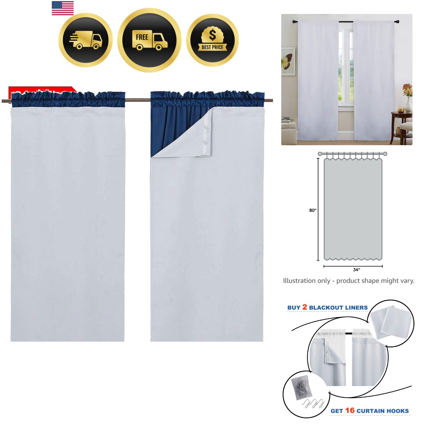 Blackout Curtain Liners for 84 inches Long Drapes, Blackout Curtain Liners fo…