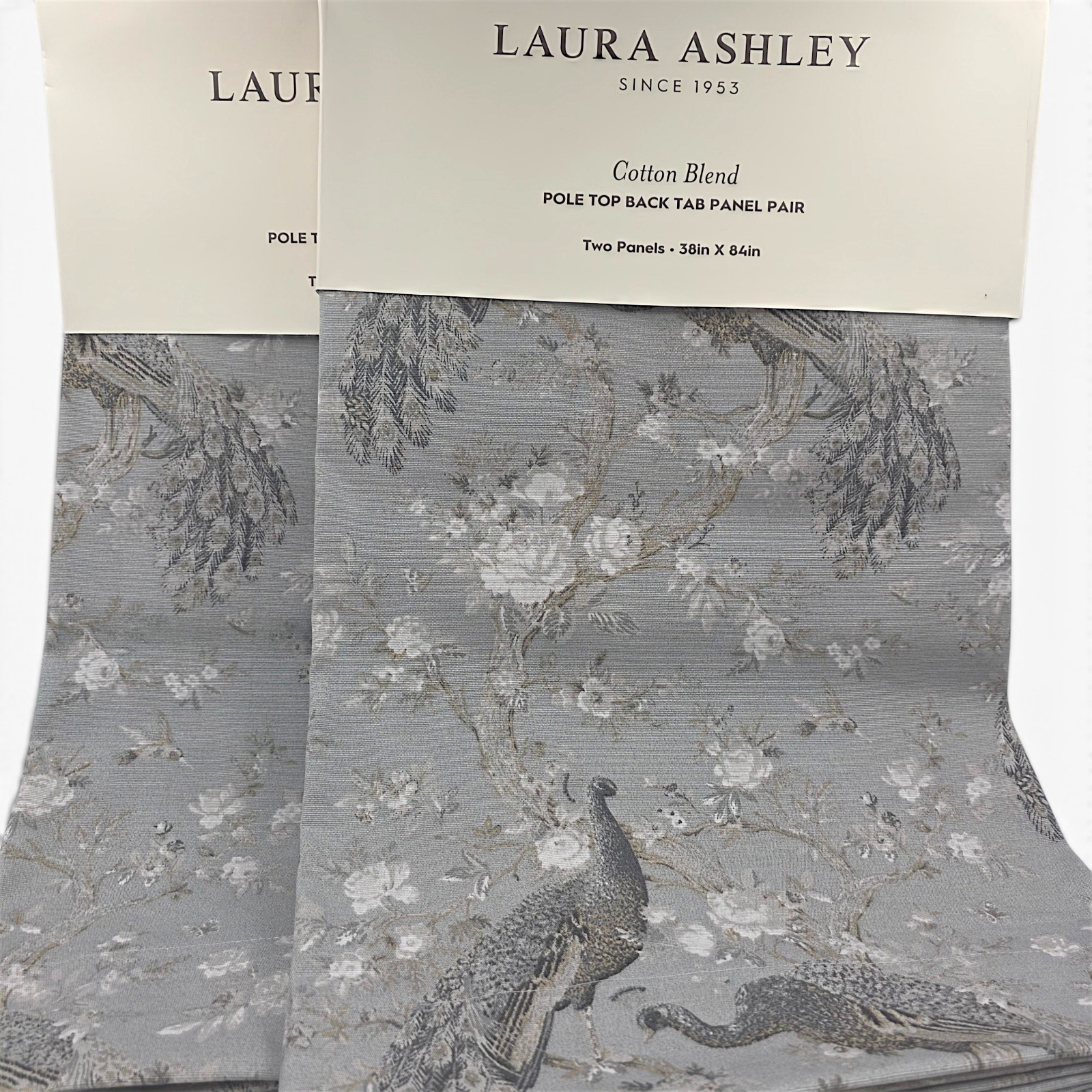 Laura Ashley Set of 4 Peacock Floral Curtains 38×84 Gray Cotton Blend NEW