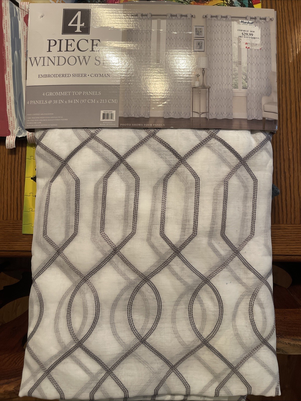 4 Piece Window Curtain Set 4-piece Grommet Set Long Embroidered, Gray Pattern