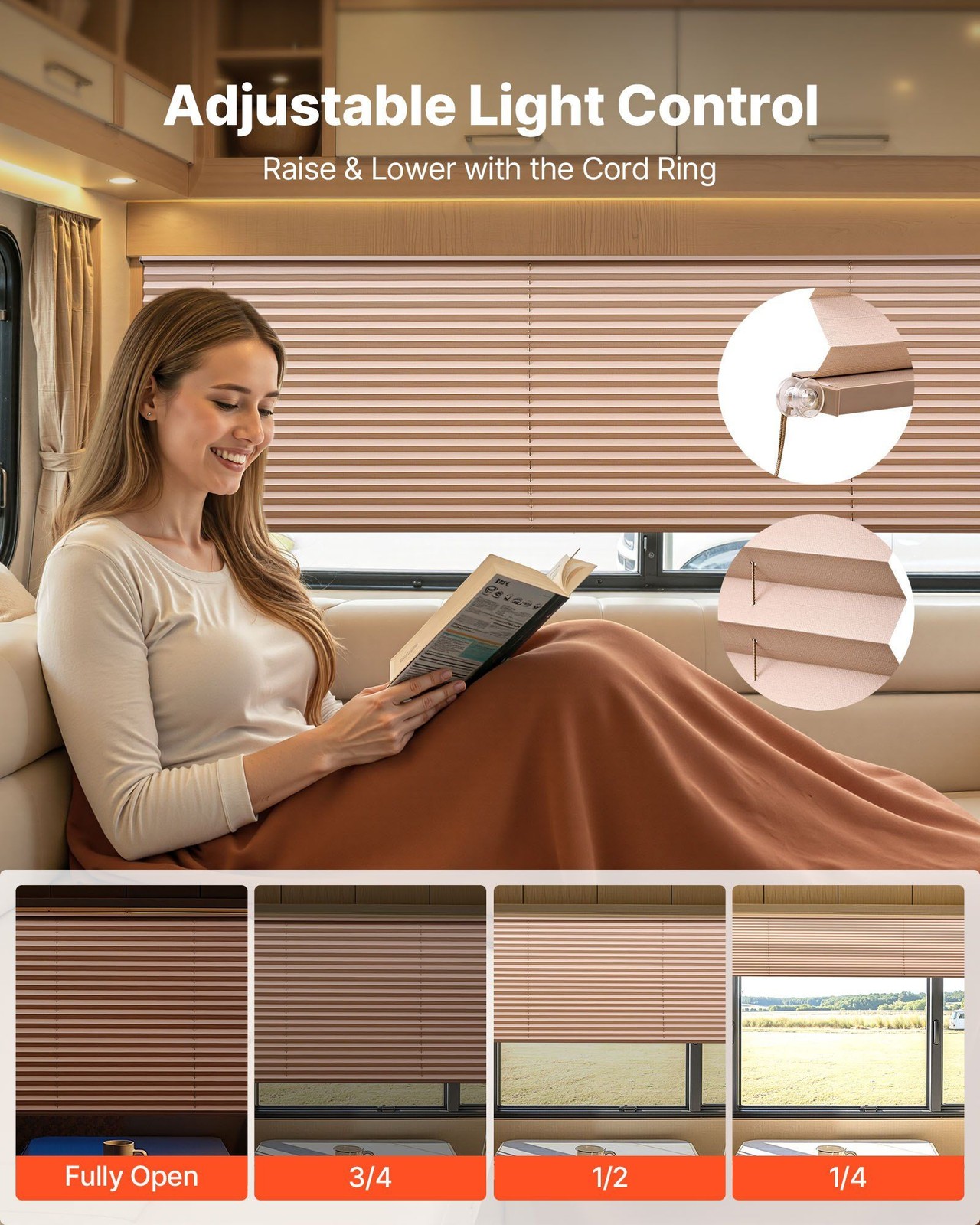 62x32in Motorhome Pleated Blind, Quick Install, Sun & Privacy, Cappuccino