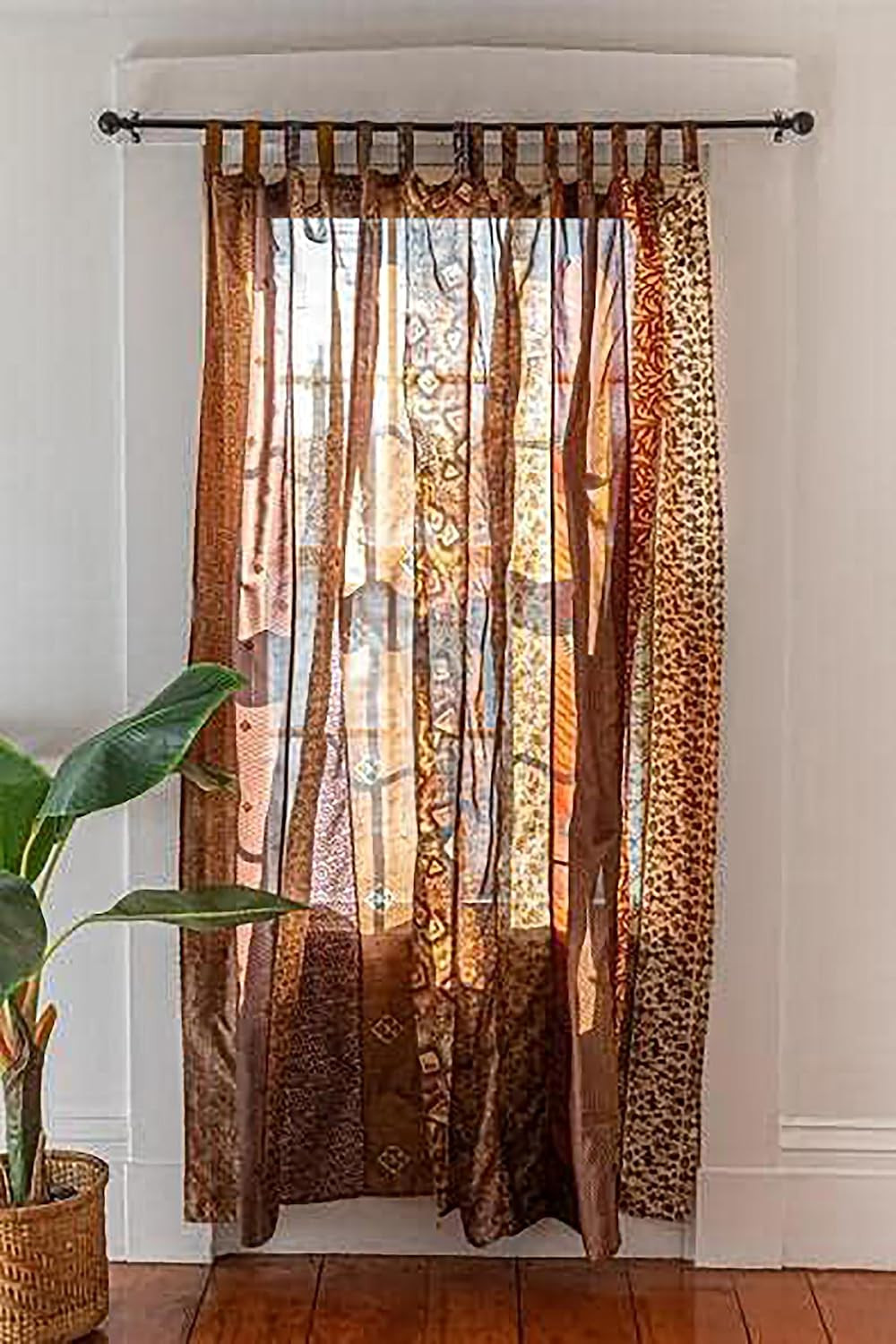 Indian Silk Curtain with Patchwork Sari Theme – Bohemian Gypsy Style (Brown)