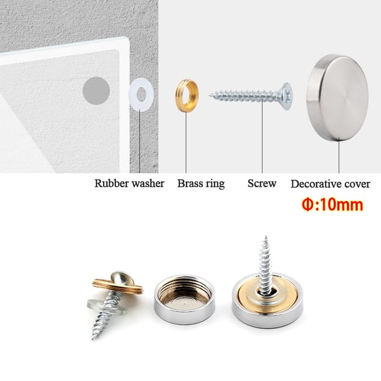 24 Sets Mirror Screw, 10mm Decorative Brass Cap Chrome Covers Brushed Polishe…