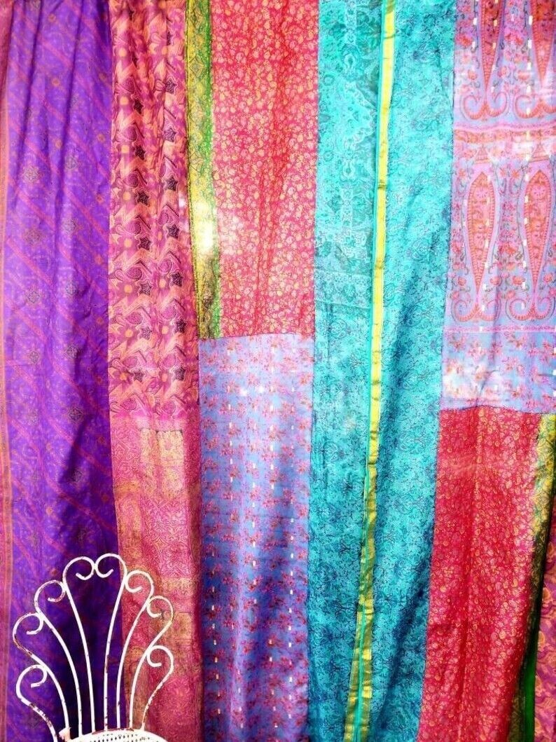 2 Pcs Indian Sari Patchwork Curtain Drape Window Decor Multi Silk Sari Curtain