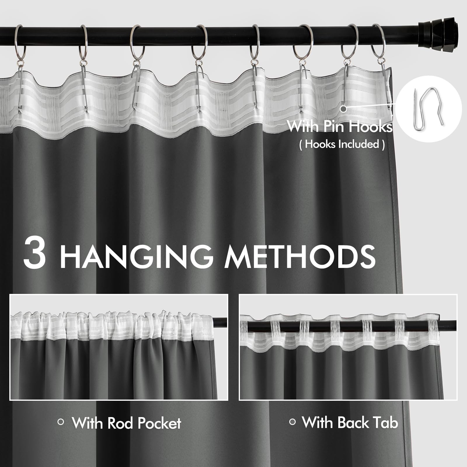 Back Tab Grey Blackout Curtains 120 Inch Long 2 Panels Set for Living Room Be…