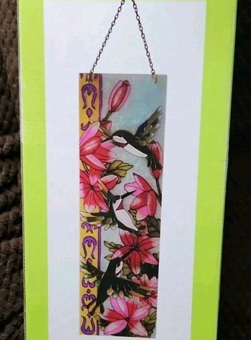 Hummingbird Stained Glass Window Panel – Hanging Art Decor Bird Floral New