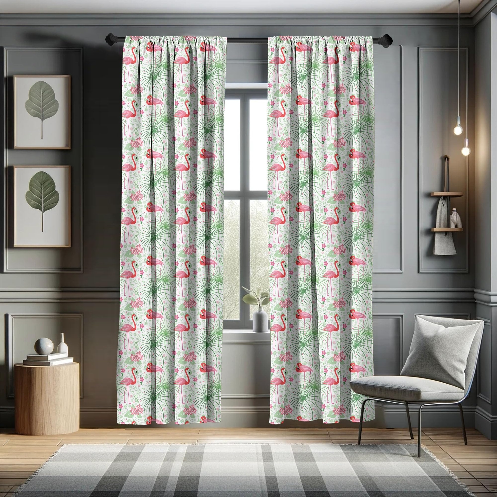 Nautical Window Curtains Floral Pattern Flamingo Botany Greenery Floral Romantic