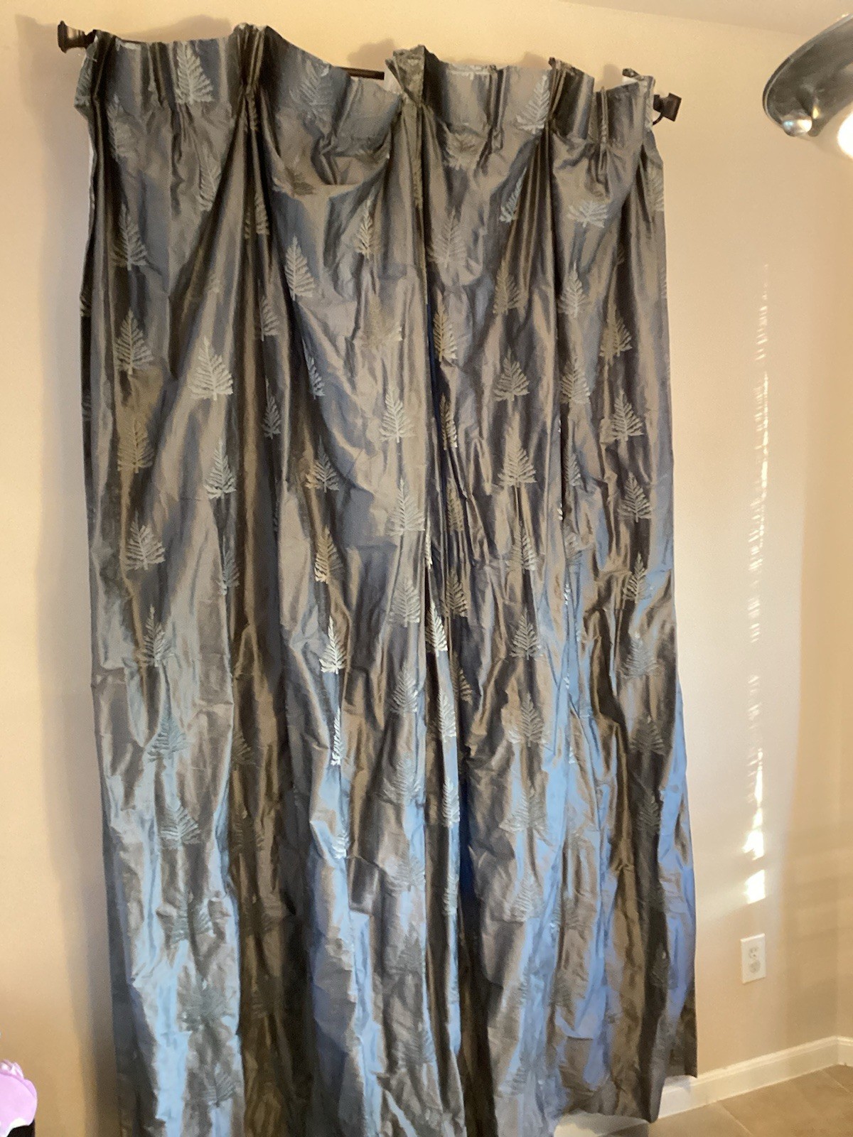 Silver/Gray (Aspen Tree embroider) Silk Lined Rod Pocket Curtain Panels 48”x95”