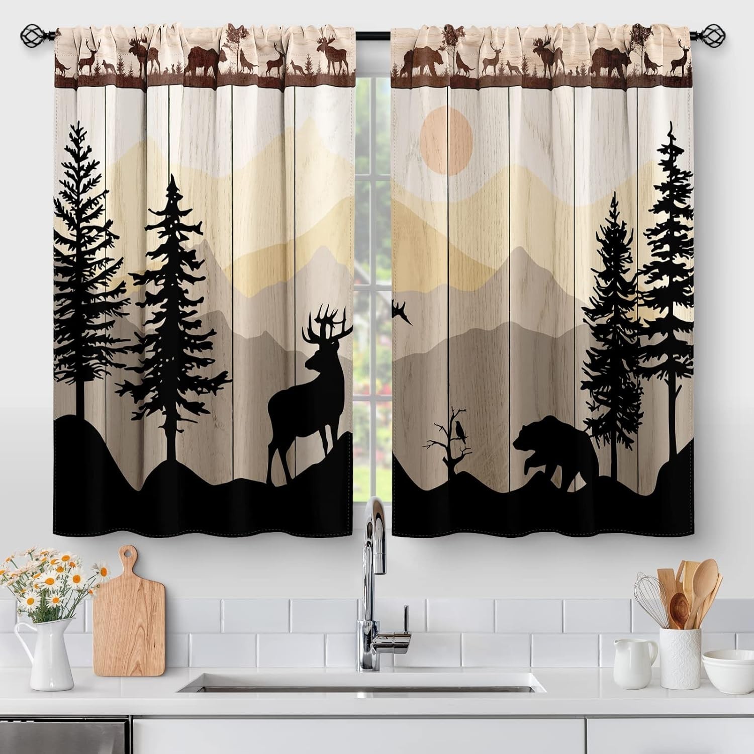 Kitchen Curtains – Forest Sunset Country Rustic Farmhouse Short Cafe Tier Cur…