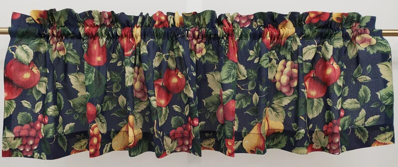 VINTAGE Sonoma Classic Fruit Print Curtain Navy Blue Background Valance or Tiers