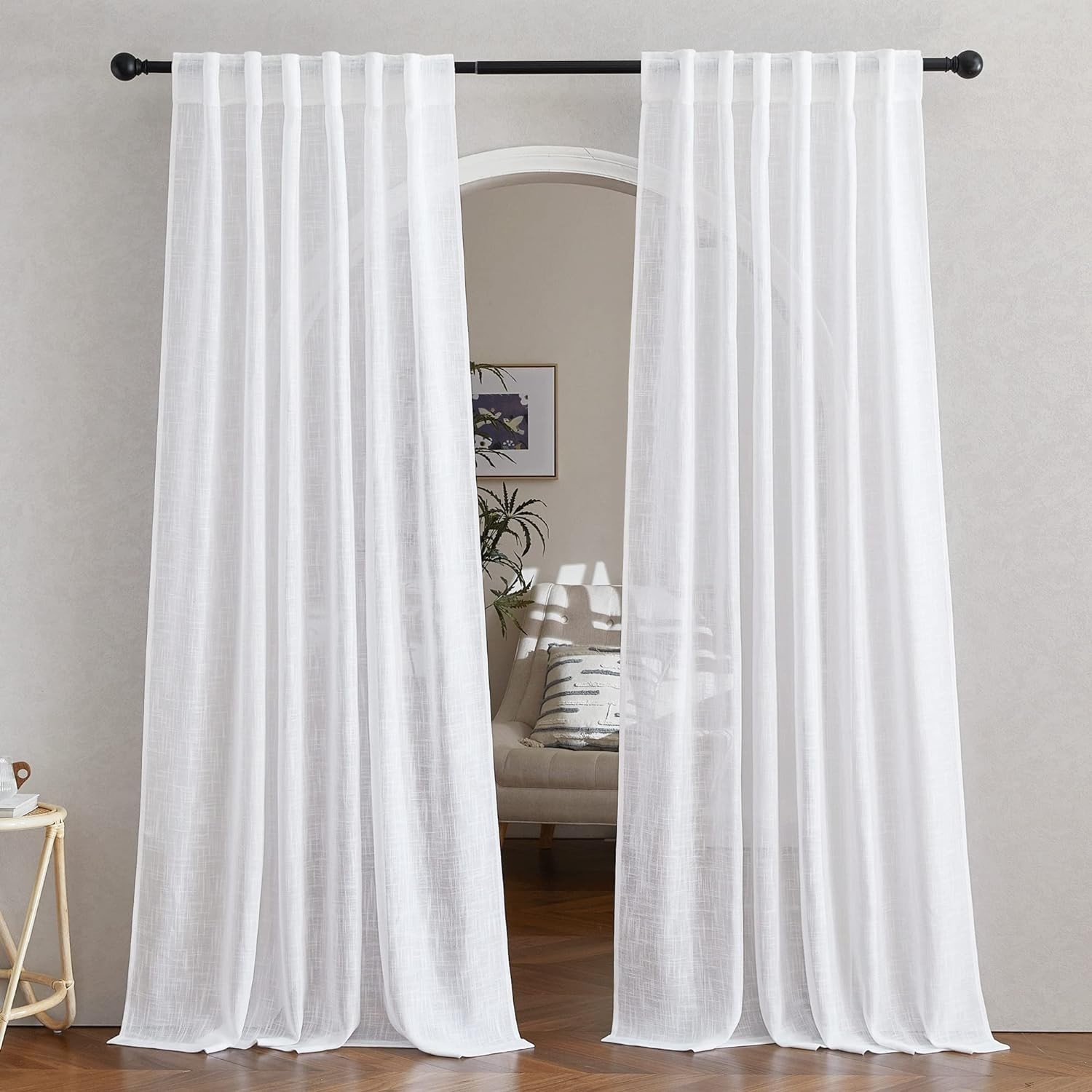 White Linen Sheer Curtains and Drapes 84 inches Long, Rod Pocket & Back Tab s…