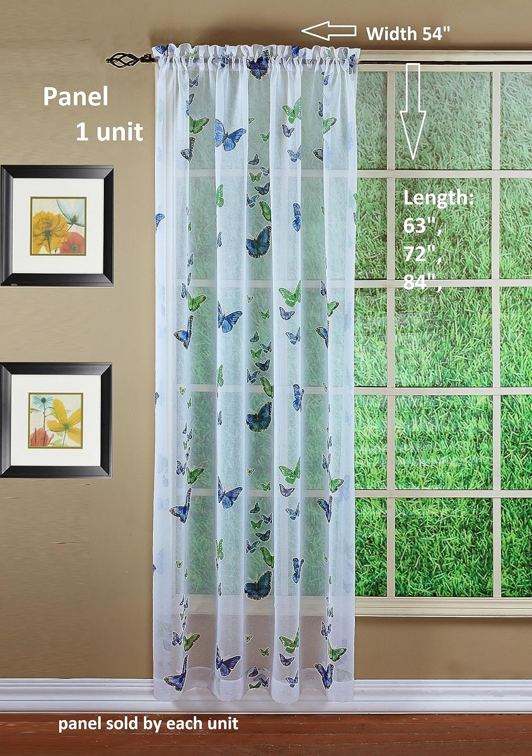 Butterflies Print Semi Sheer Panel, 84″, Blue, 54W X 84L