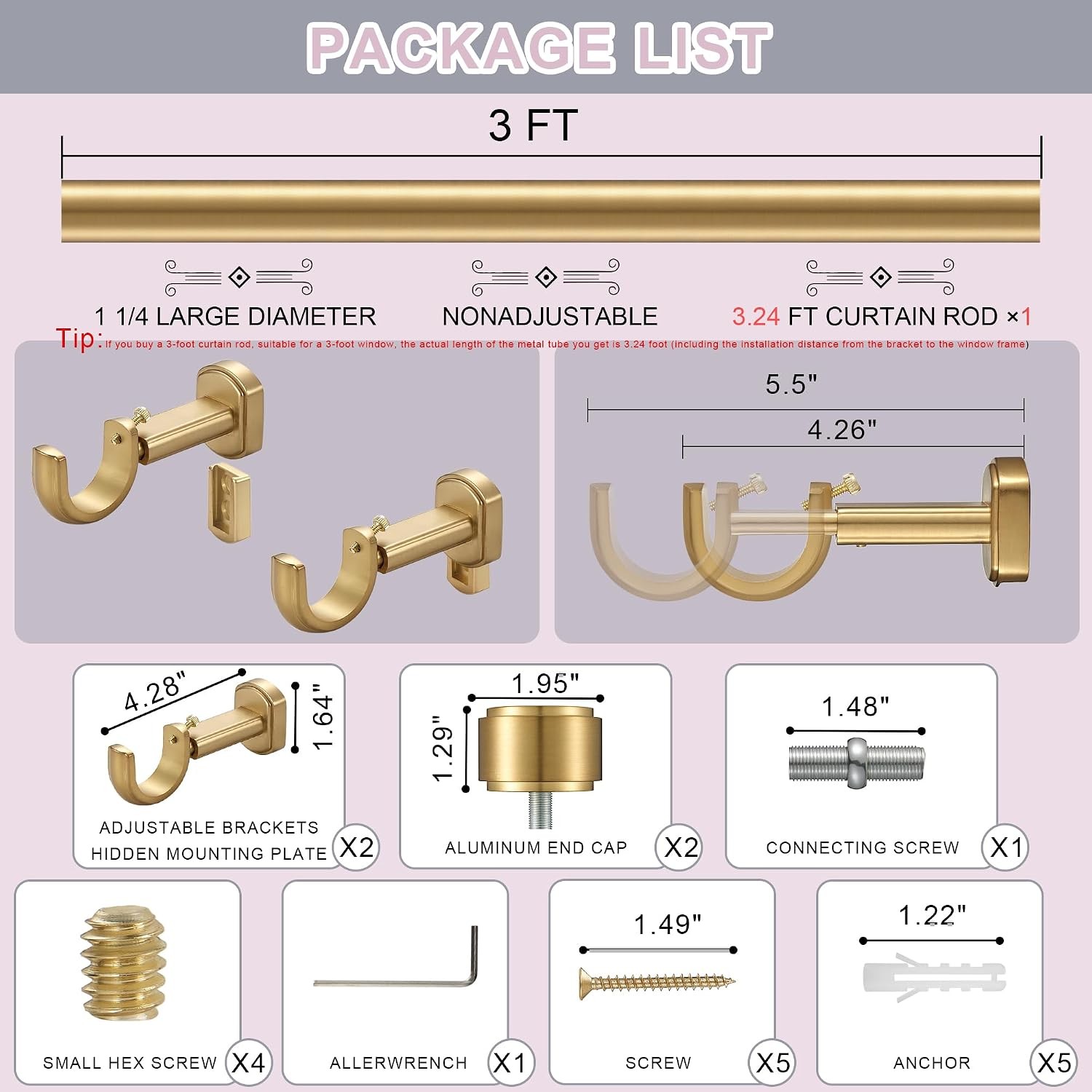 Heavy Duty Curtain Rod 1.25 Inch 36in Nonadjustable Gold