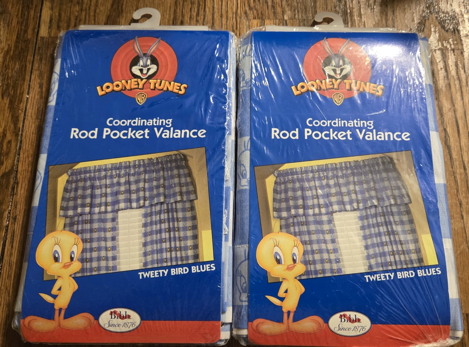 2 Vtg Tweety Bird Curtain Valance Blue White Checkered 1998 Looney Tunes 85×17