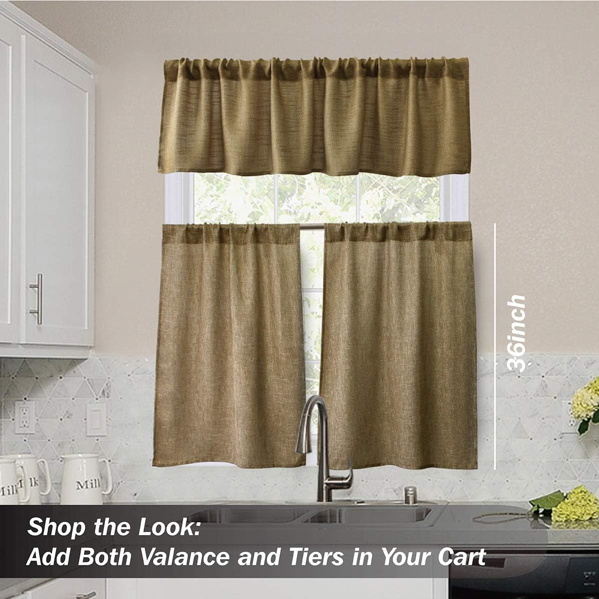 Burlap Tier Curtains for Kitchen Rustic Tan Rod Pocket Curtains for Short Window