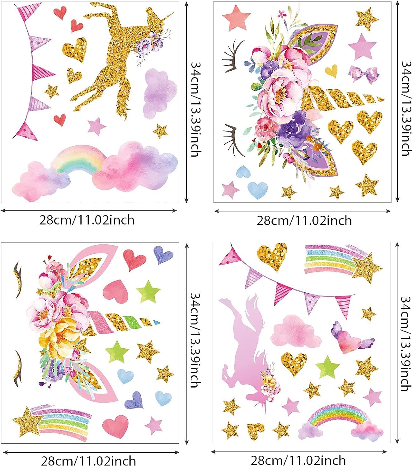 Outus 4 Sheets Unicorn Wall Decals Peel and Stick Watercolor Multicolor