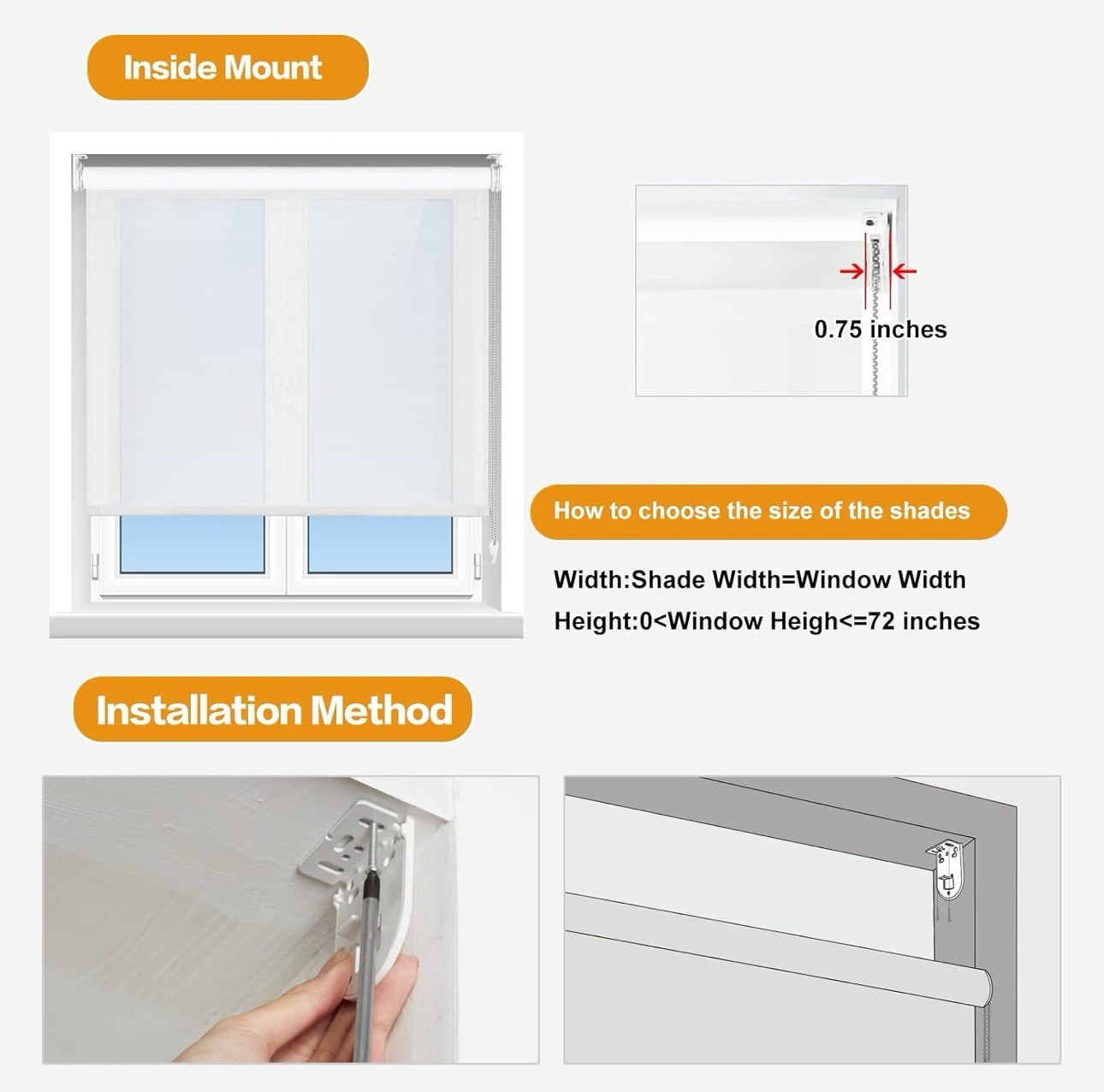 Persilux Light Filtering Roller Shades and Blinds for Window 29″ W x 72″ H White