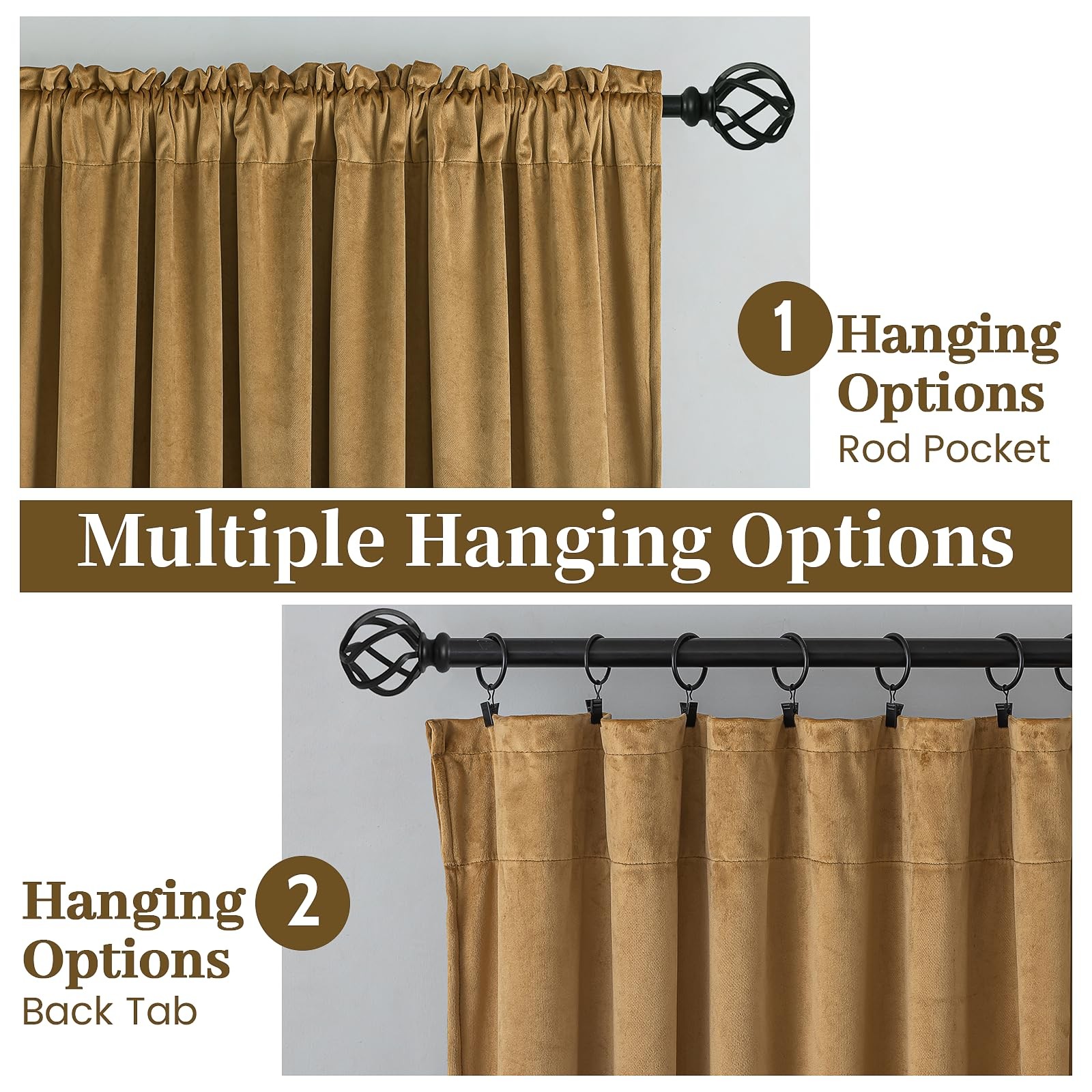Golden Brown Velvet Curtains 96 Inches for Living Room,Rod Pocket Luxury Blac…
