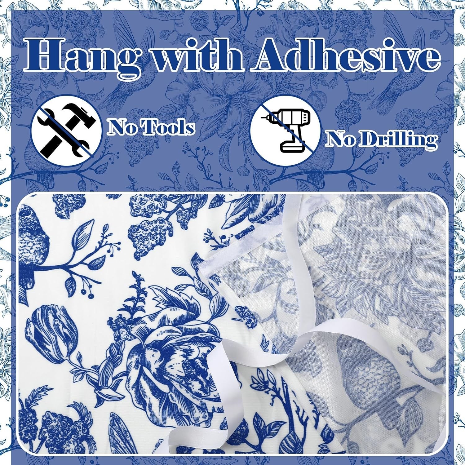 Sophisticated Blue Floral Cabinet Curtain – Easy Install & Washable – 28 x 51 in