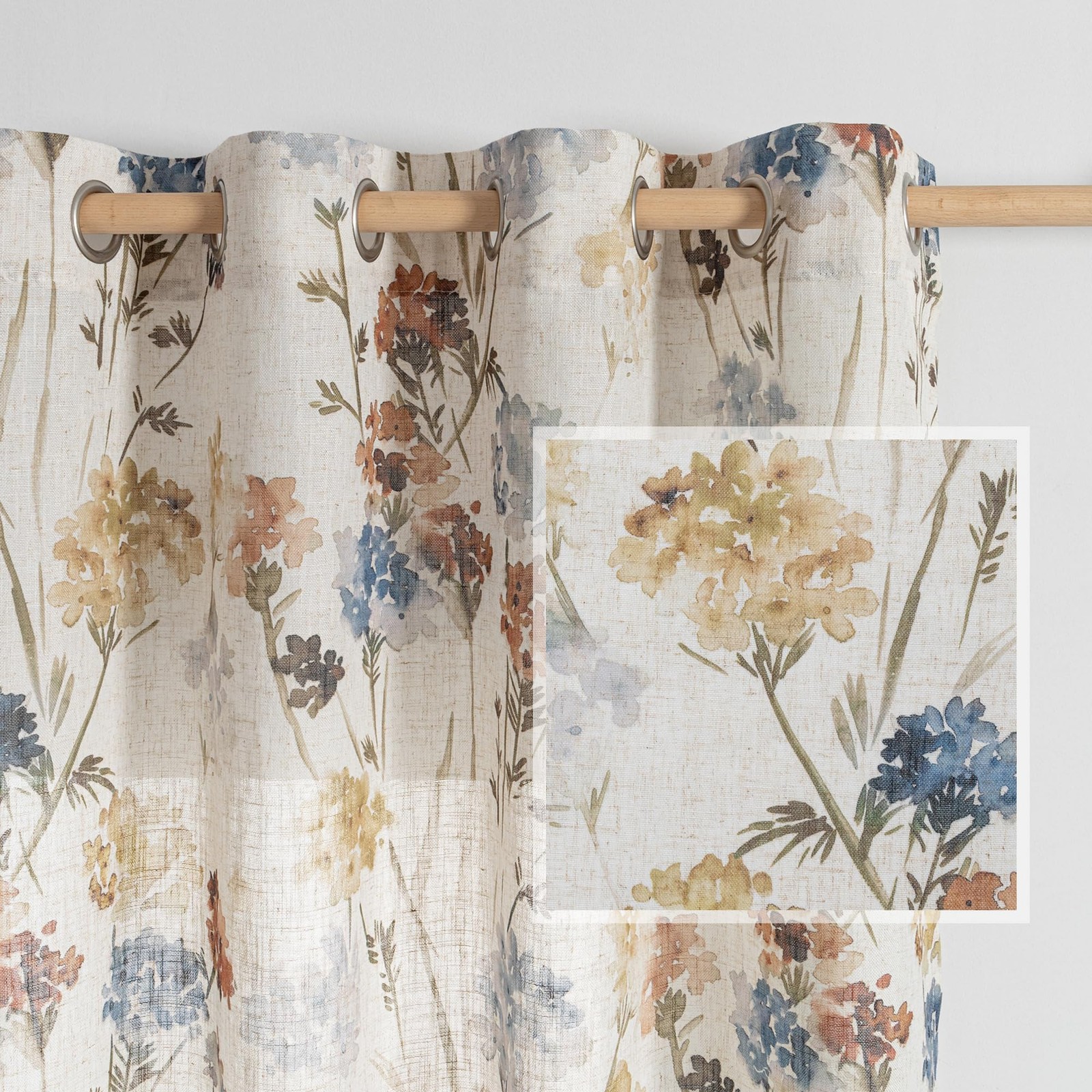 Floral Linen Curtains 84 inch Length 2 Panels Set Summer Flower Patterned Sem…