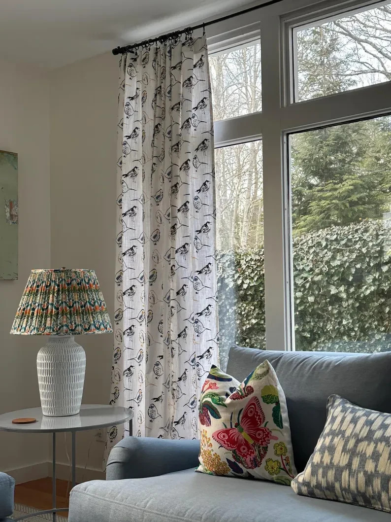 Curtains Made USA, Bird Toile Brazilian Yellow White, Medium Weight Cotton Slub