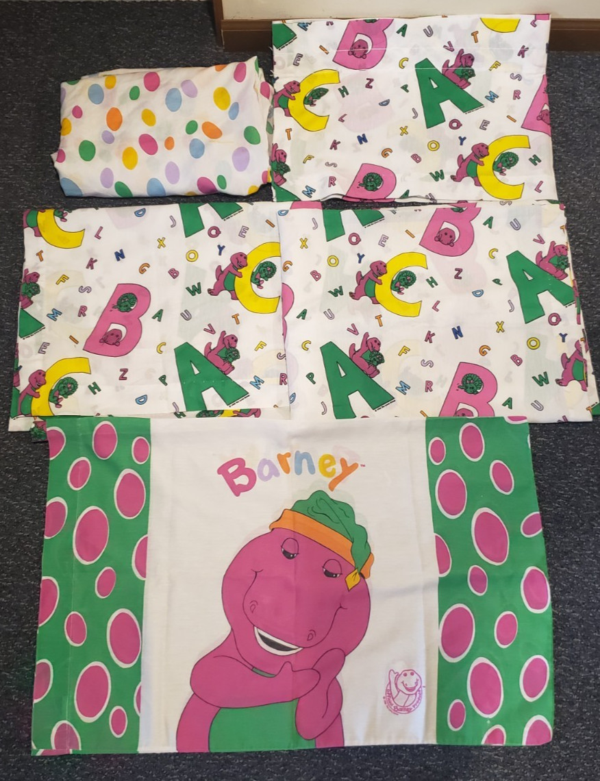 Vintage 1992 Barney Dinosaur Bed Sheets and 2 Curtains 1 Valances Rod Set