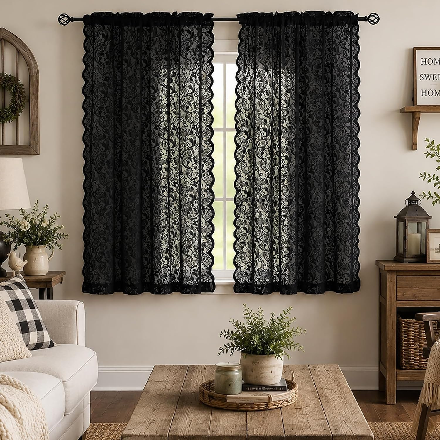 Black Lace Curtains Short 54 Inch Length – Gothic Sheer Dark Floral