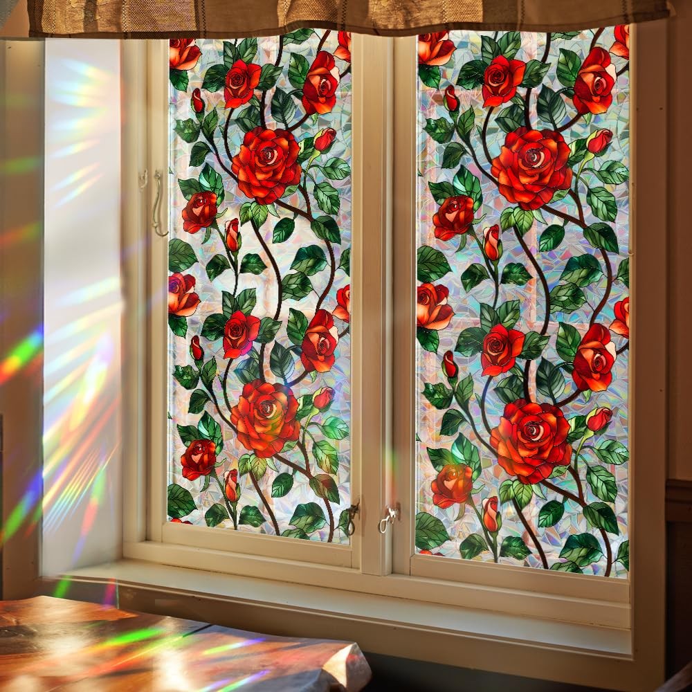 Stained Glass Windows Film,3D Red Rose Valentines Window Clings,Flower