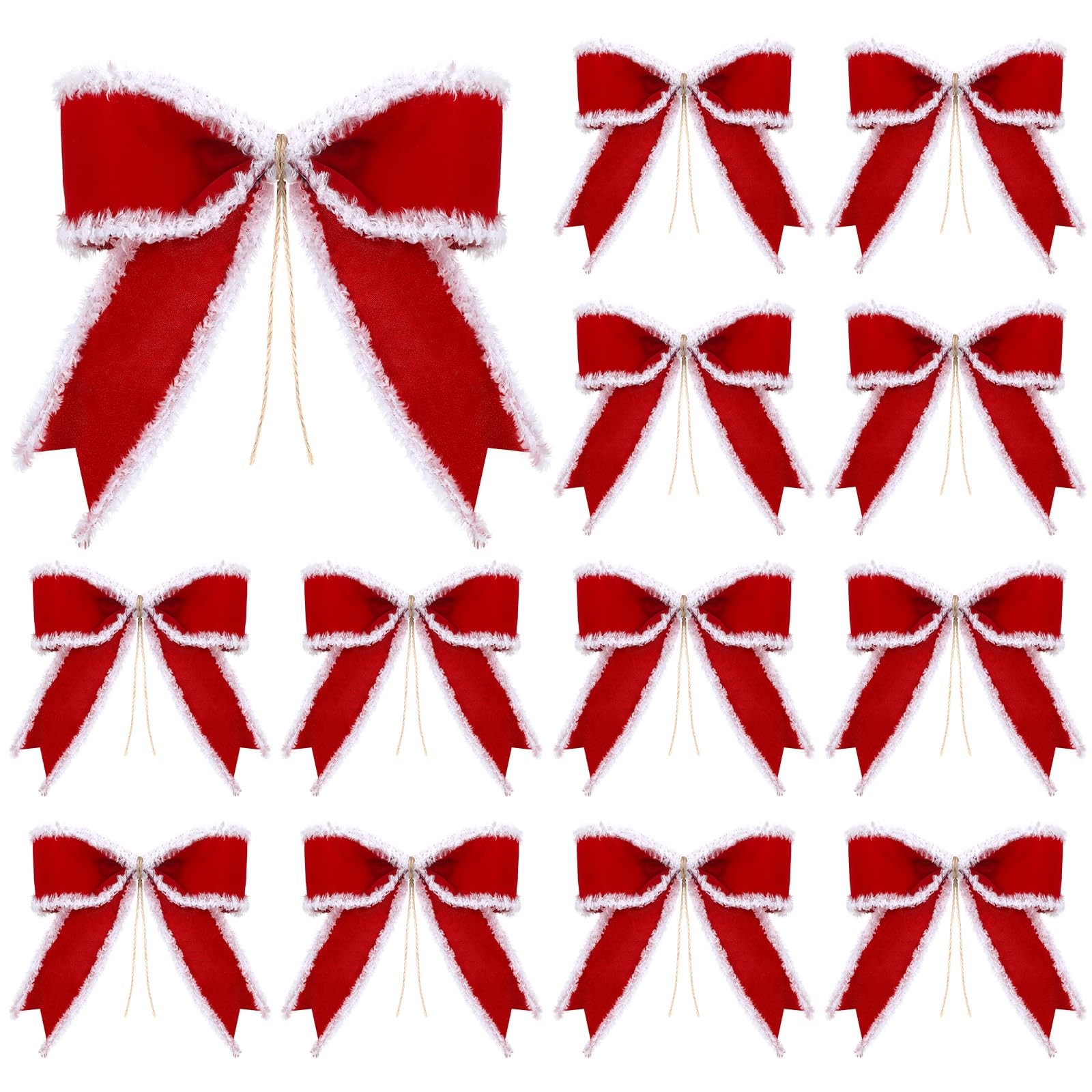 12 Pcs Red Christmas Velvet Bow with White Fluffy Edges 6 x 6 Inch Tree Toppe…