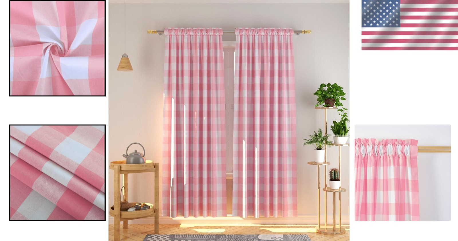 Timeless Pink & White Gingham Window Curtains 84″ with Rod Pocket – 2 Panels