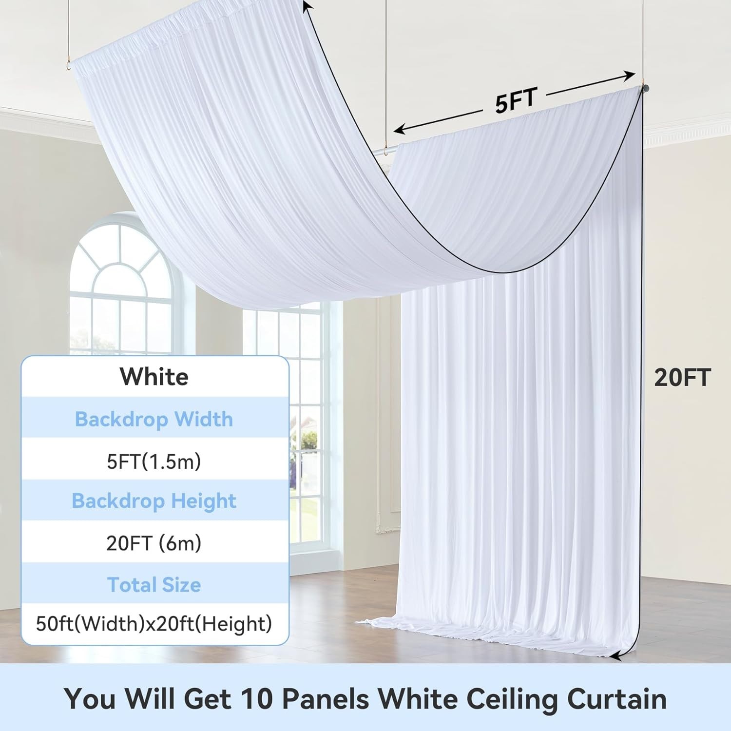50Ft White Ceiling Drapes – 10 Panels for Weddings, Parties & Events