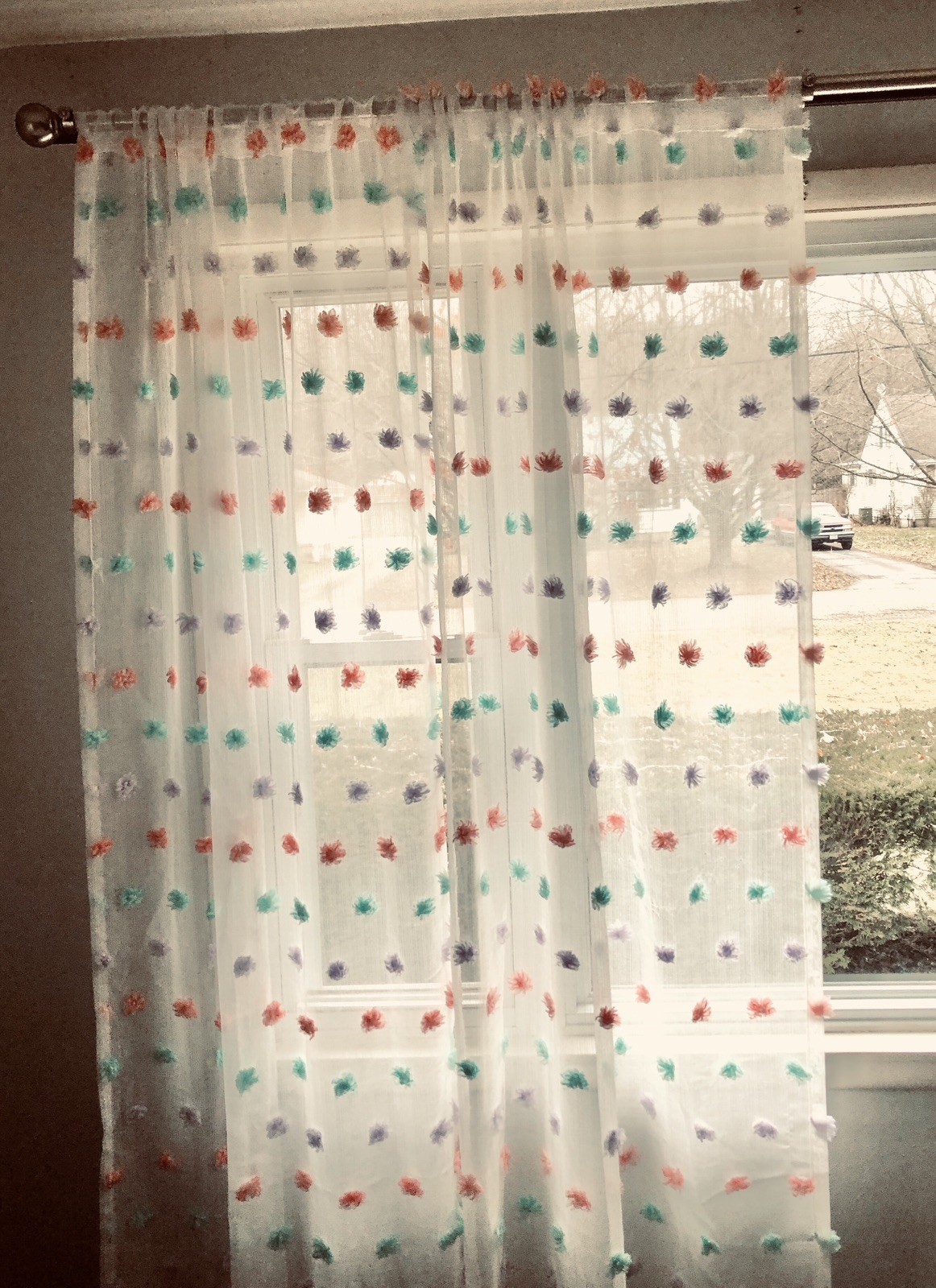 Sheer 2 Panels Pom Pom Your Zone White with Pink, Green, Purple 38″ X 84″