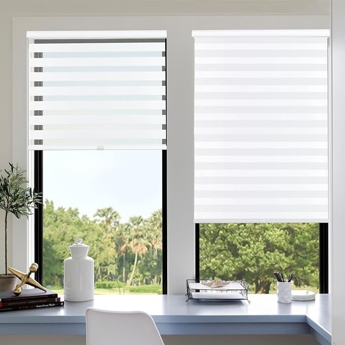 Cordless Zebra Blinds Free-Stop Dual Layer Roller Window Shades White
