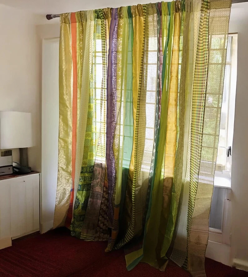 2 Pc Indian Old Recycle Silk Saree Boho Multi Curtain Door Drape Decor Curtain