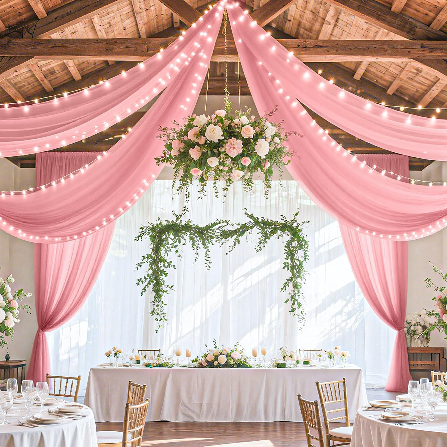 Dusty Rose Ceiling Drapes Kit for Weddings – 6 Pack Chiffon 5x10ft