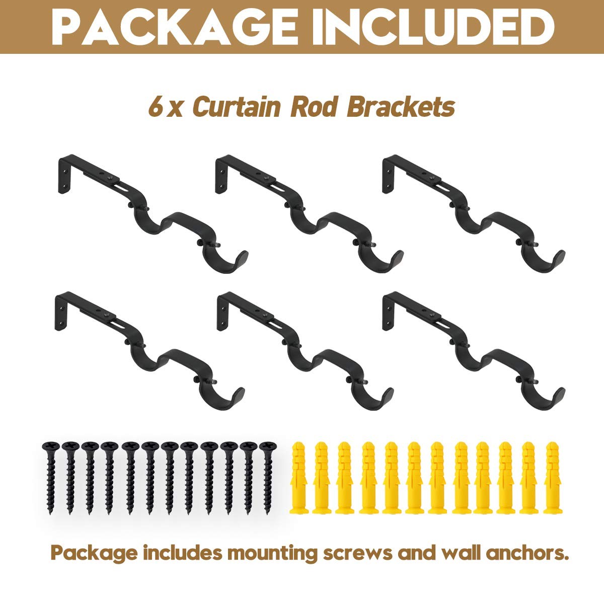 6 PCS Double Curtain Rod Brackets Heavy Duty Adjustable Holders 1 Inch Black
