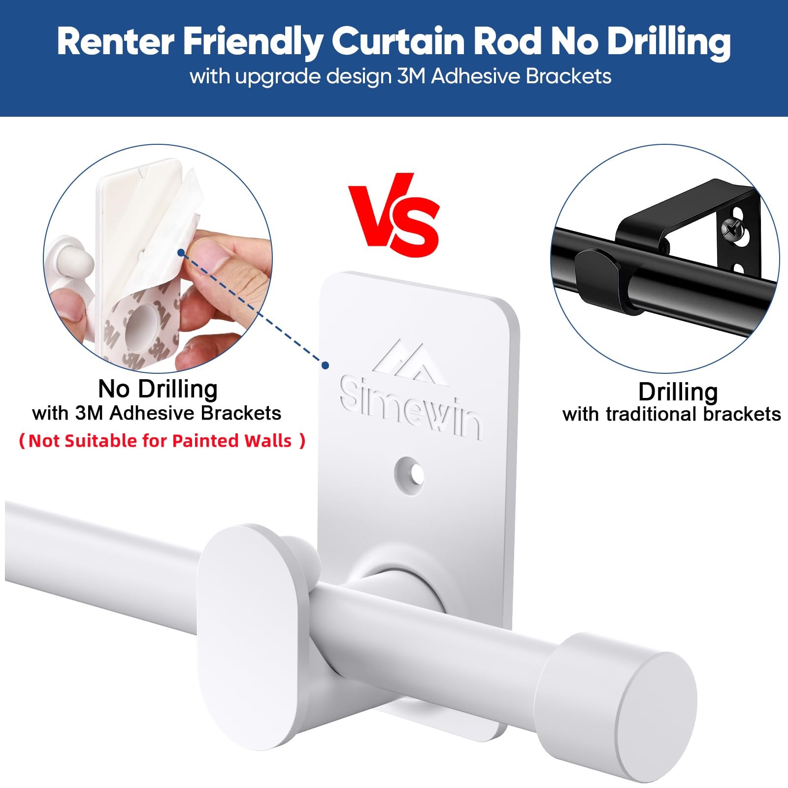 SIMEWIN Curtain Rods No Drilling for Windows 30 to 90 30″-90″, White