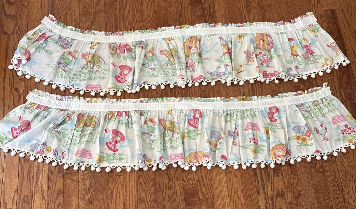 Vtg Kids Novelty Storybook Valance Lot 2 Handmade Rod Pocket Pom Pom Trim Retro