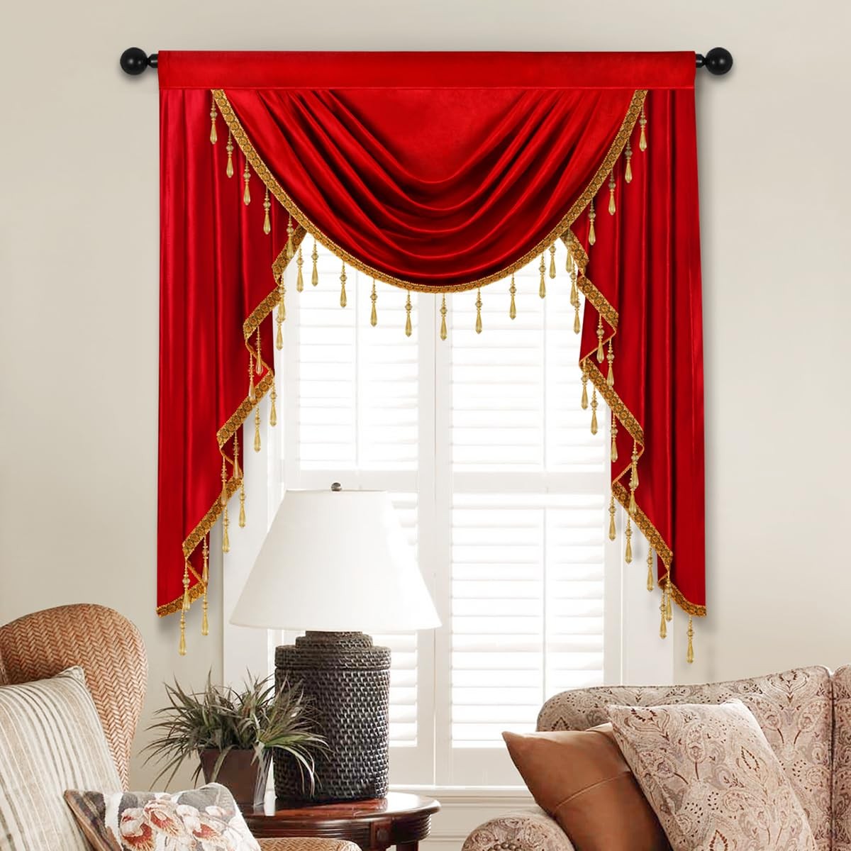 Luxury Burgundy Red Velvet Curtain Valances for Living Room with Beads39inch1…