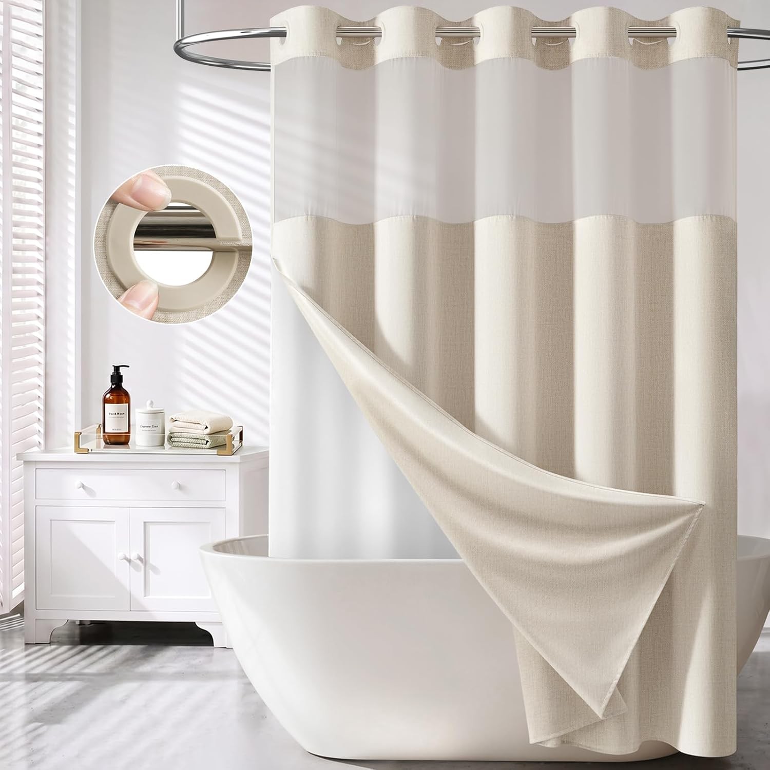Ringless Extra Long Shower Curtain, 99 (96) Inch Tall Linen Textured Waterproof