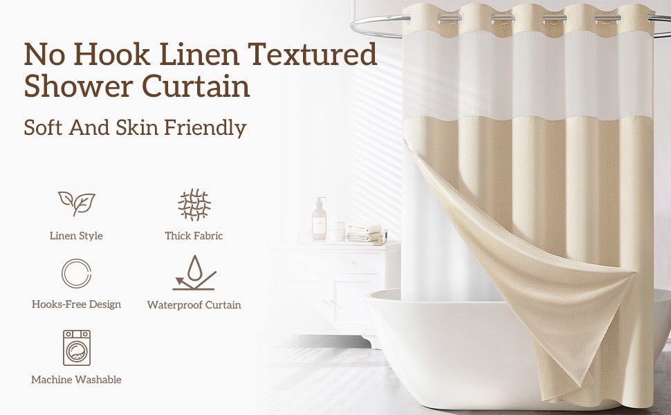 Ringless Extra Long Shower Curtain, 99 (96) Inch Tall Linen Textured Waterproof