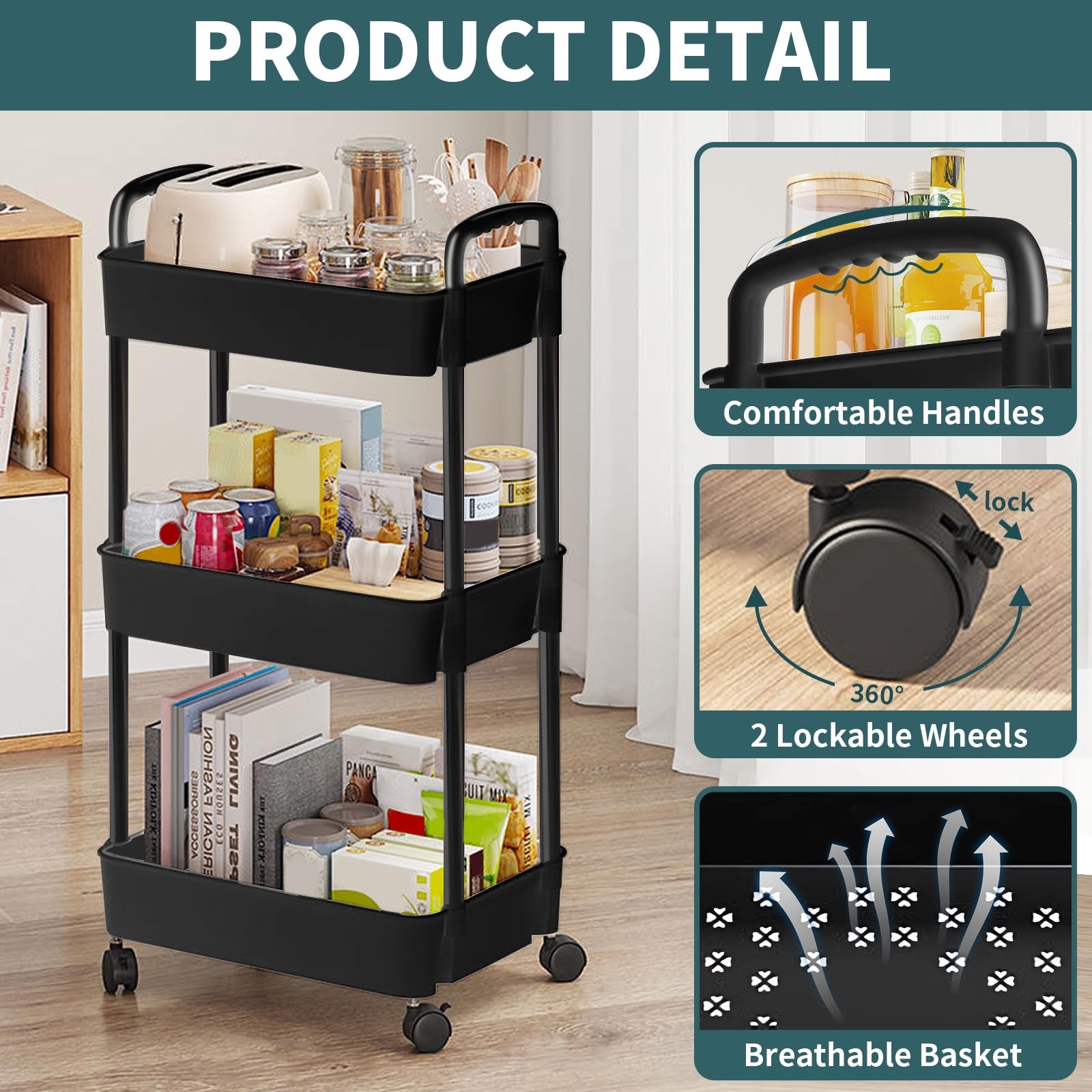 EZ COZY 3 Tier 16 inches (L) x 11.4 (W) x 29.7 (H), Black