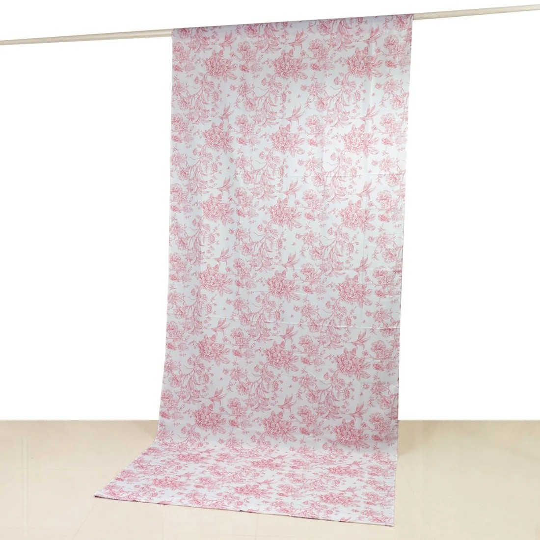 White Pink 5ft x 12ft French Toile Polyester Backdrop Curtain with Rod Pockets
