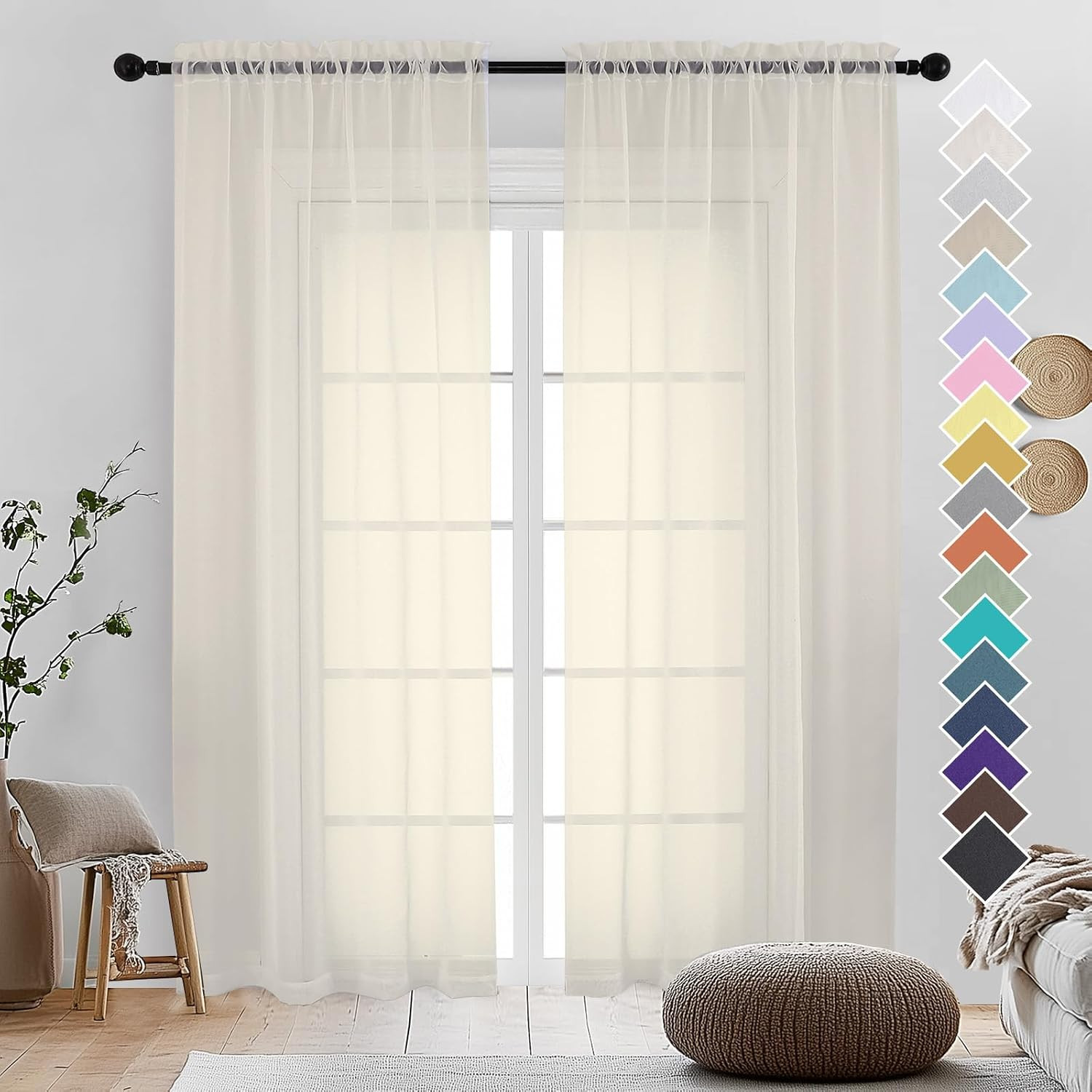 Cream Sheer Curtains 96 Inches Long 2 Panels – Soft Light Filtering Window Sheer